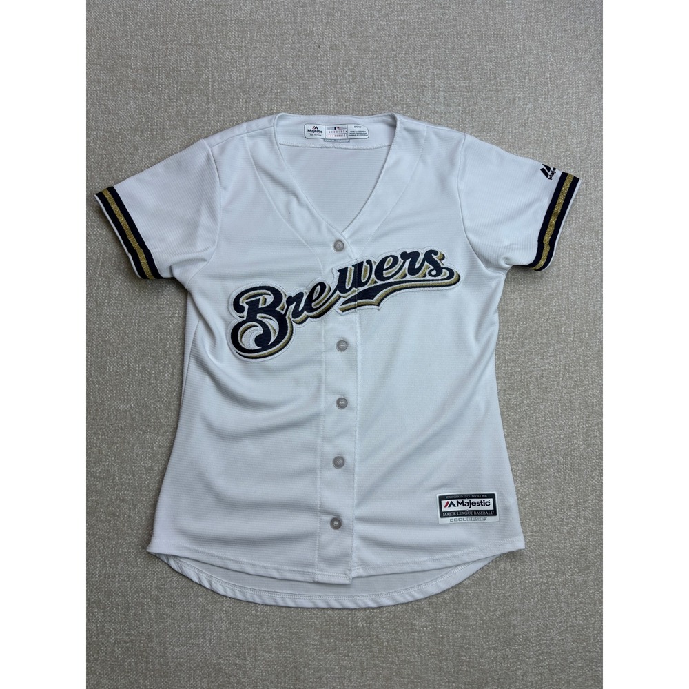 Majestic Milwaukee Brewers Jersey Womens Small White Base MLB Baseball Button